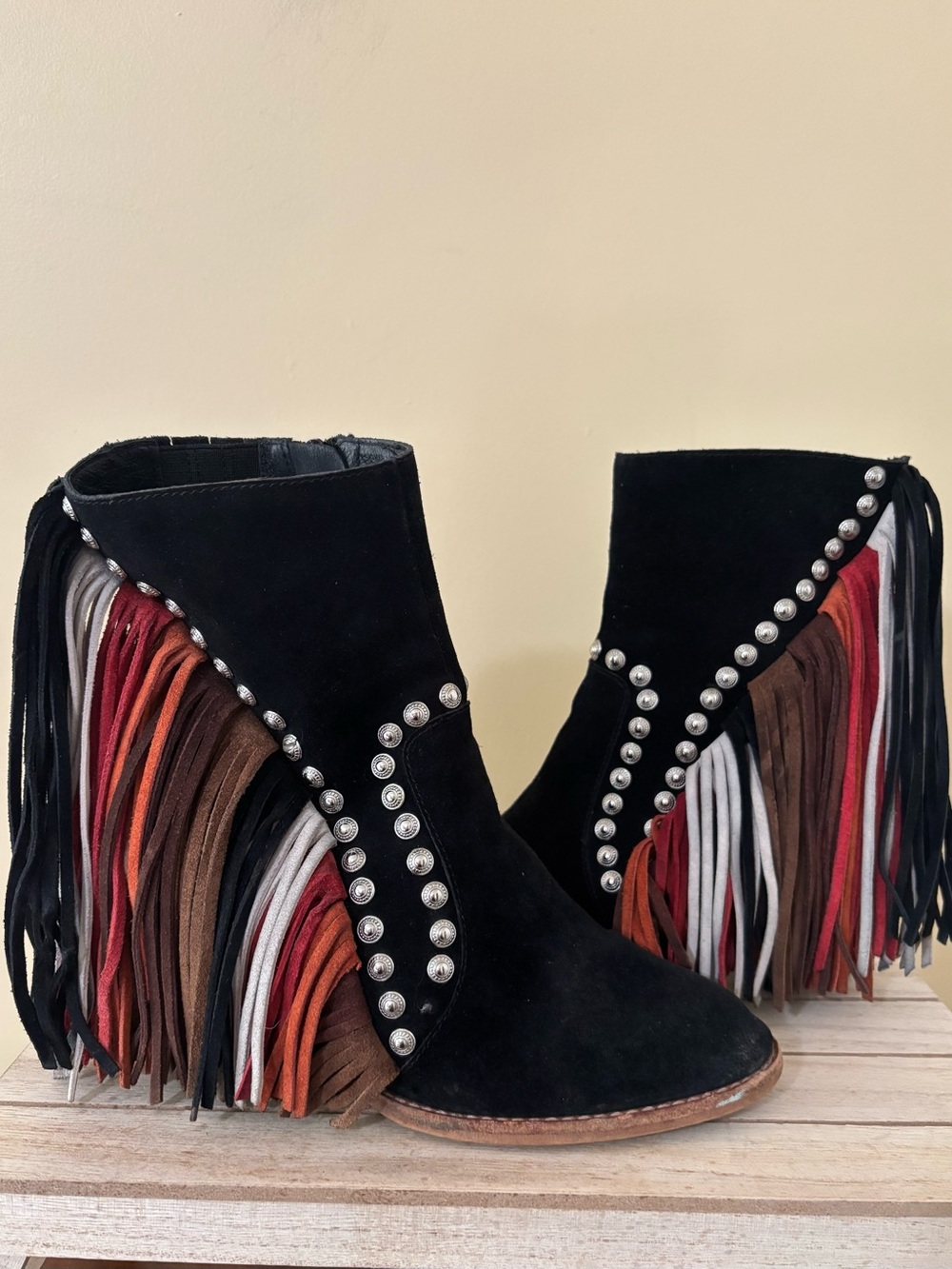 Free People x Jeffrey Campbell|Black Suede Ankle Boots w/Multicolour Fringe Sz 8